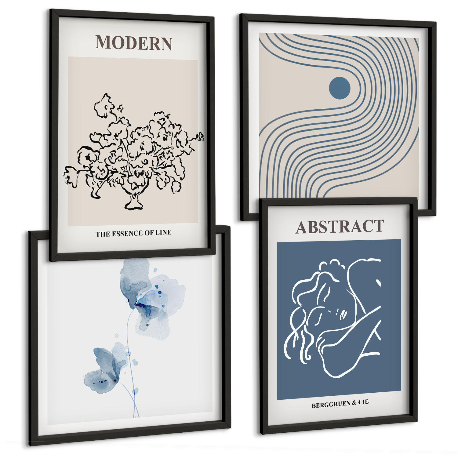 BILDER SET 4er Set - 50x50 cm & 40x60 cm Schwarzer Rahmen - abstrakte Poster mit Blumenlinien - Schwarz, Kunststoff (50/50cm) - TULUP