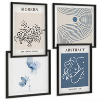 BILDER SET 4er Set - 50x50 cm & 40x60 cm Schwarzer Rahmen - abstrakte Poster mit Blumenlinien - Schwarz, Kunststoff (50/50cm) - TULUP