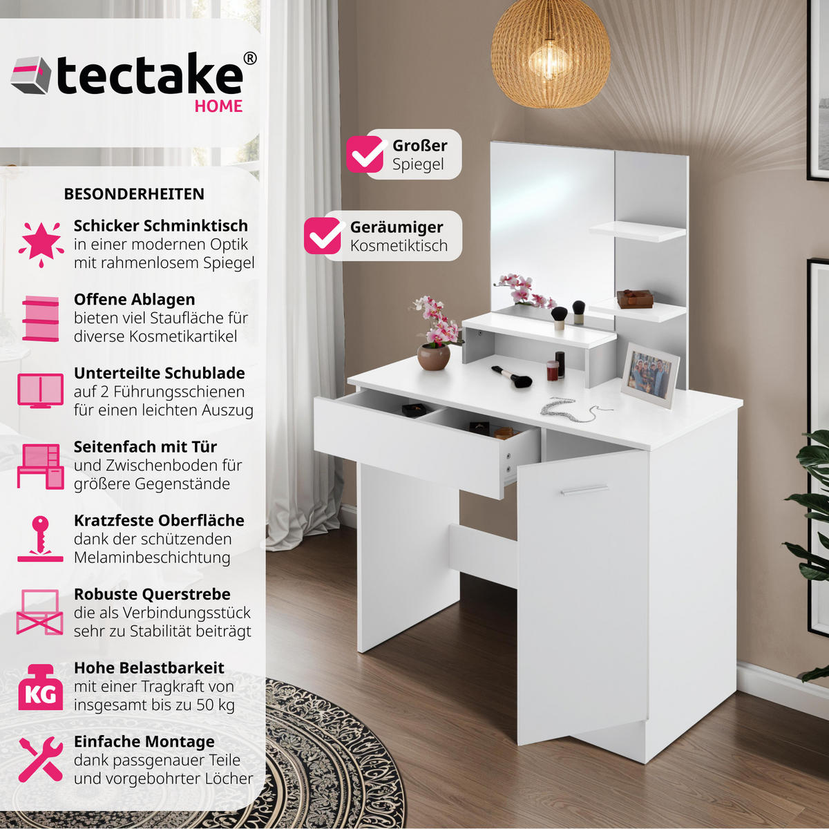 SCHMINKTISCH Zoe,90 x 40 x 137,5 cm,weiß - Weiß, Holzwerkstoff (40/138.5/90cm) - tectake