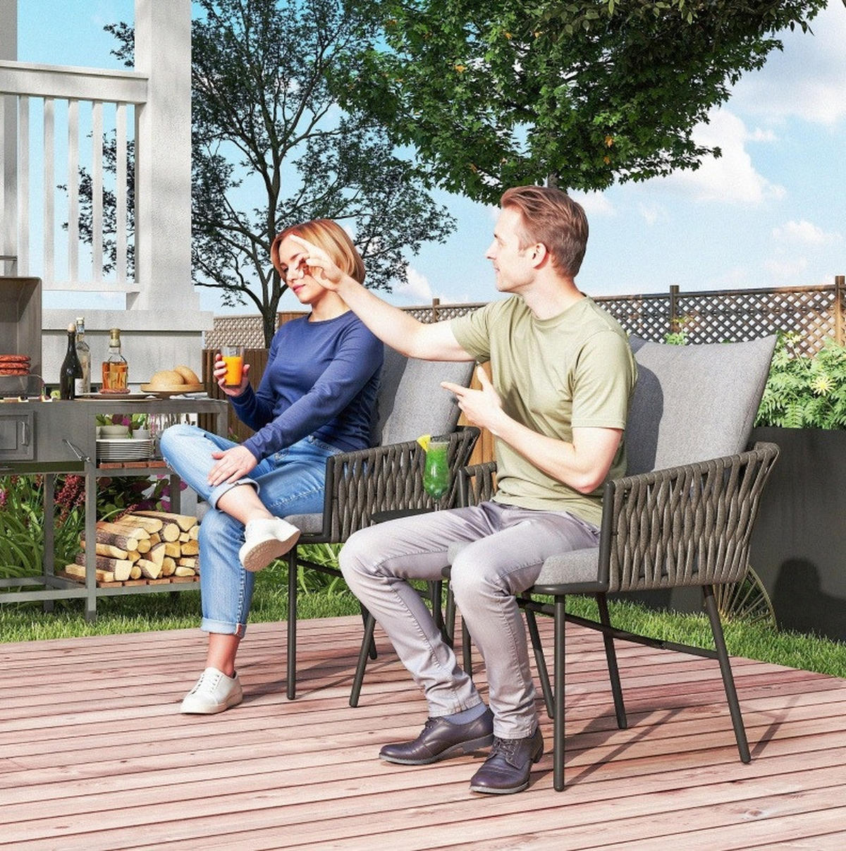 GARTENMÖBEL 3-teilig,40×40×49cm,Rattan abnehmbar Kissen und Tisch - Grau, Metall - Modfu