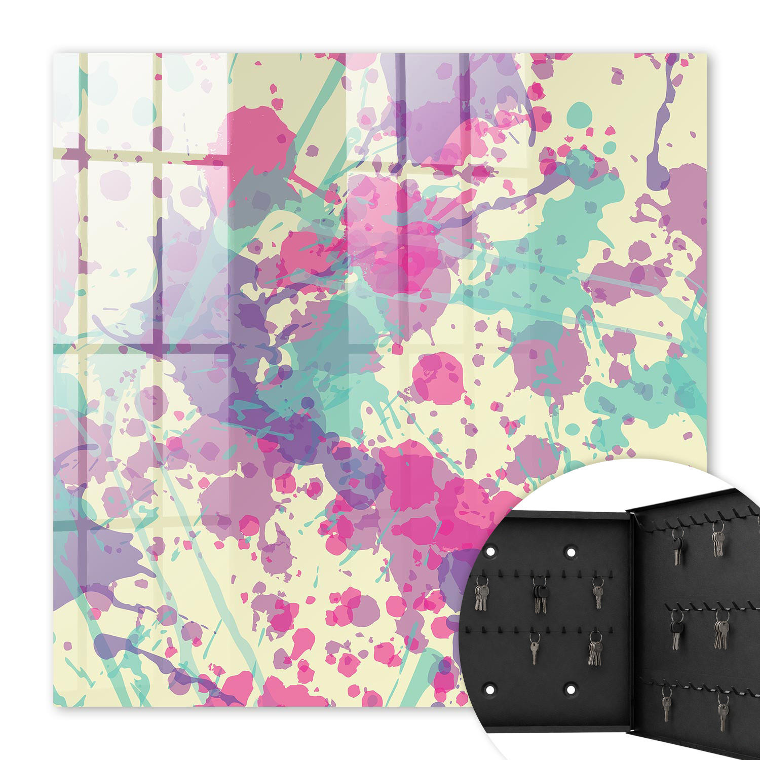 SCHLÜSSELBOX Schwarz 30x30 cm- Türöffnung nach rechts - Farbenfrohes Chaos - Pink, Metall (30/30/5cm) - TULUP
