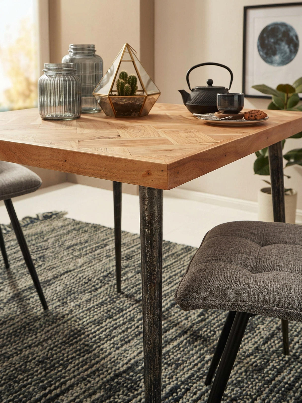 ESSZIMMERTISCH – Akazie Fischgrätmuster Metallbeine 80x80 cm Industrial - Beige/Anthrazit, Holz/Metall (80/80/76cm) - KADIMA DESIGN