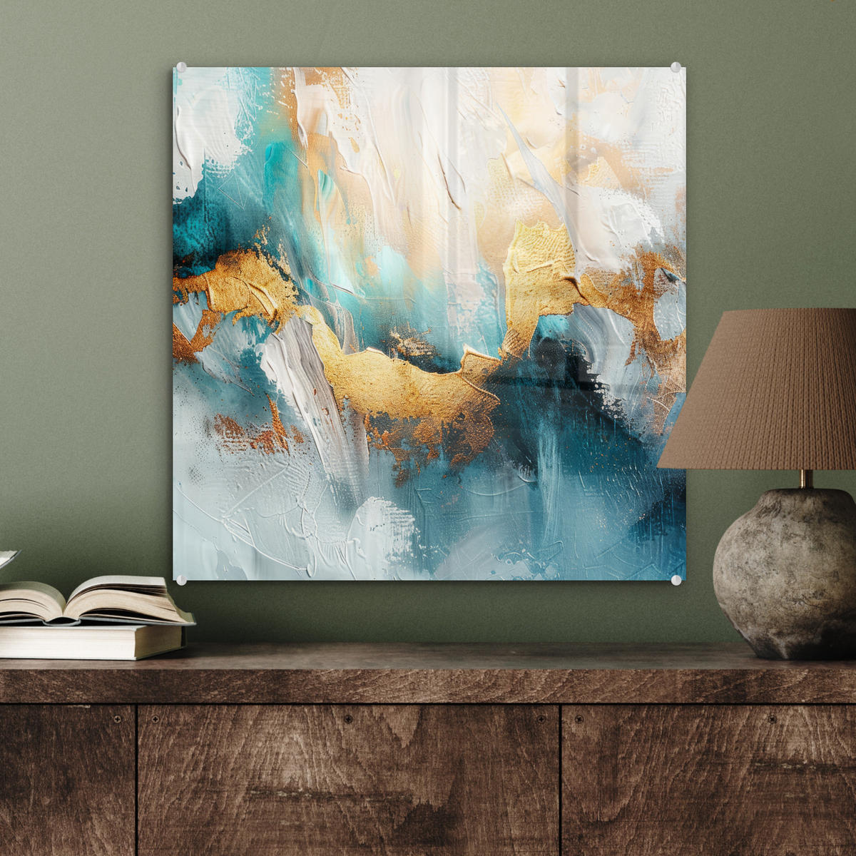 OBRAZ NA AKRYLOVOM SKLE Abstraktné - umenie - zlaté - modré 50x50 cm - petrolejová, sklo (50/50cm) - MuchoWow