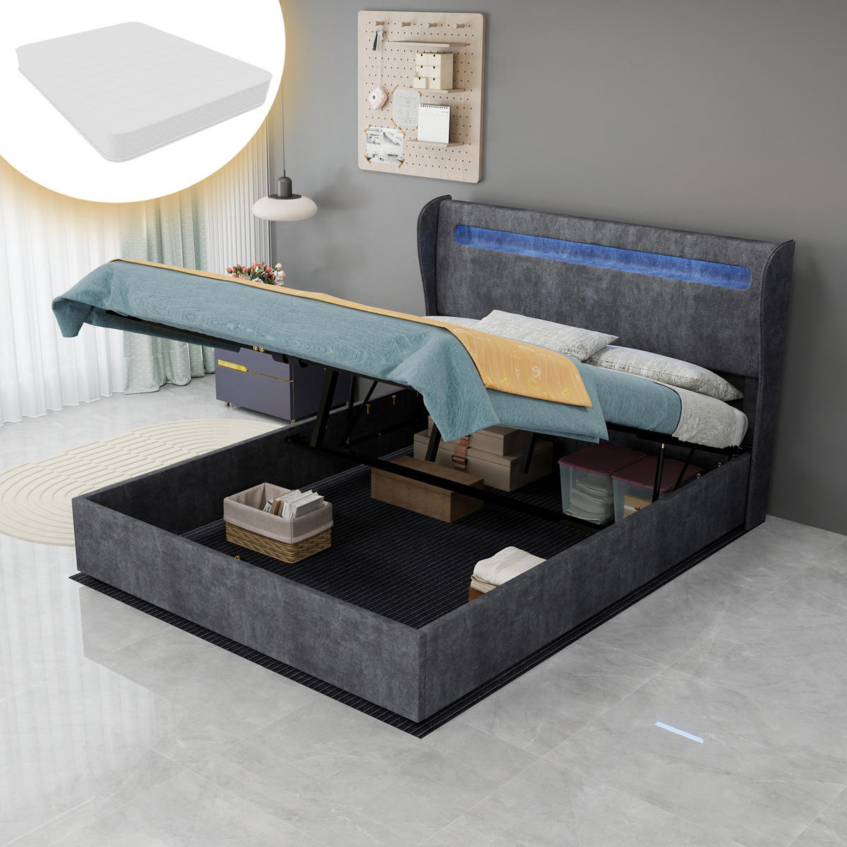 POLSTERBETT 140/200 cm mit LED-Beleuchtung, verstellbarem Kopfteil und Bettkasten, Grau - Grau, Textil (140/200cm) - Redom