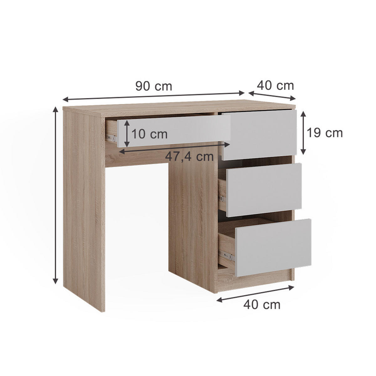 SCHREIBTISCH Sherry Weiß/Sonoma 90 x 40 cm mit Schubladen - Weiß/Sonoma Eiche, Holzwerkstoff (40/90/75cm) - Vicco