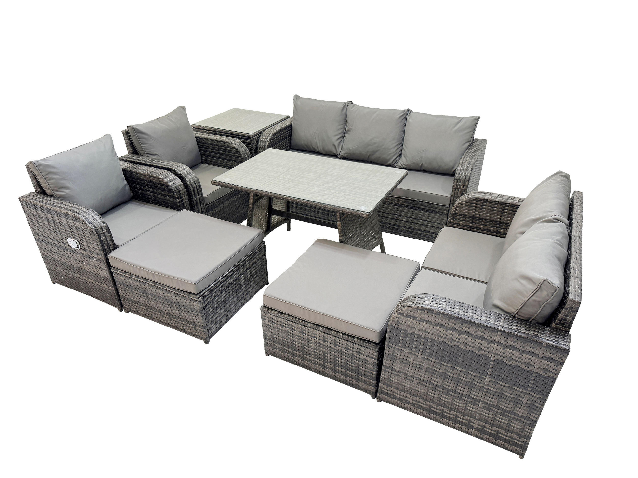GARTENMÖBEL SET Polyrattan Dunkelgrau 8-Sitzer - Dunkelgrau/Grau, Glas/Kunststoff - Fimous