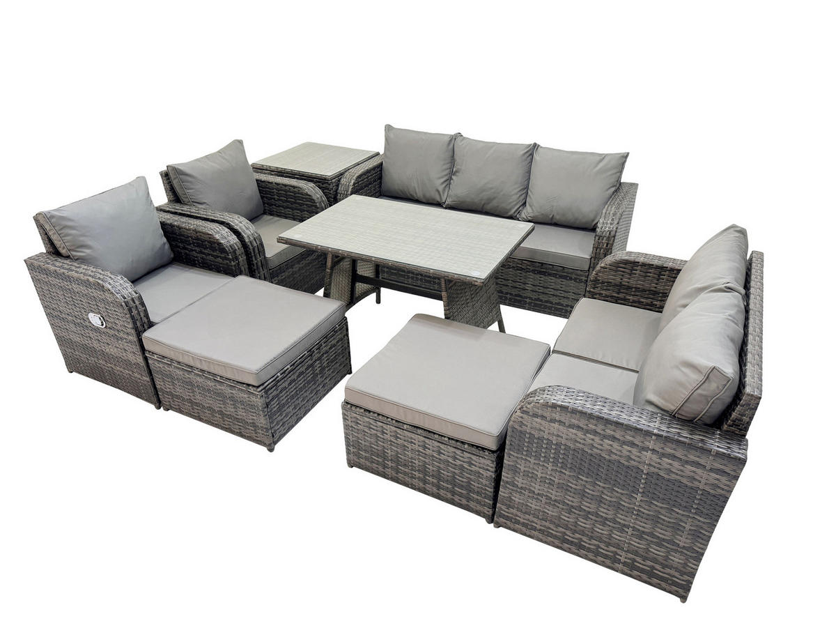 GARTENMÖBEL SET Polyrattan Dunkelgrau 8-Sitzer - Dunkelgrau/Grau, Glas/Kunststoff - Fimous