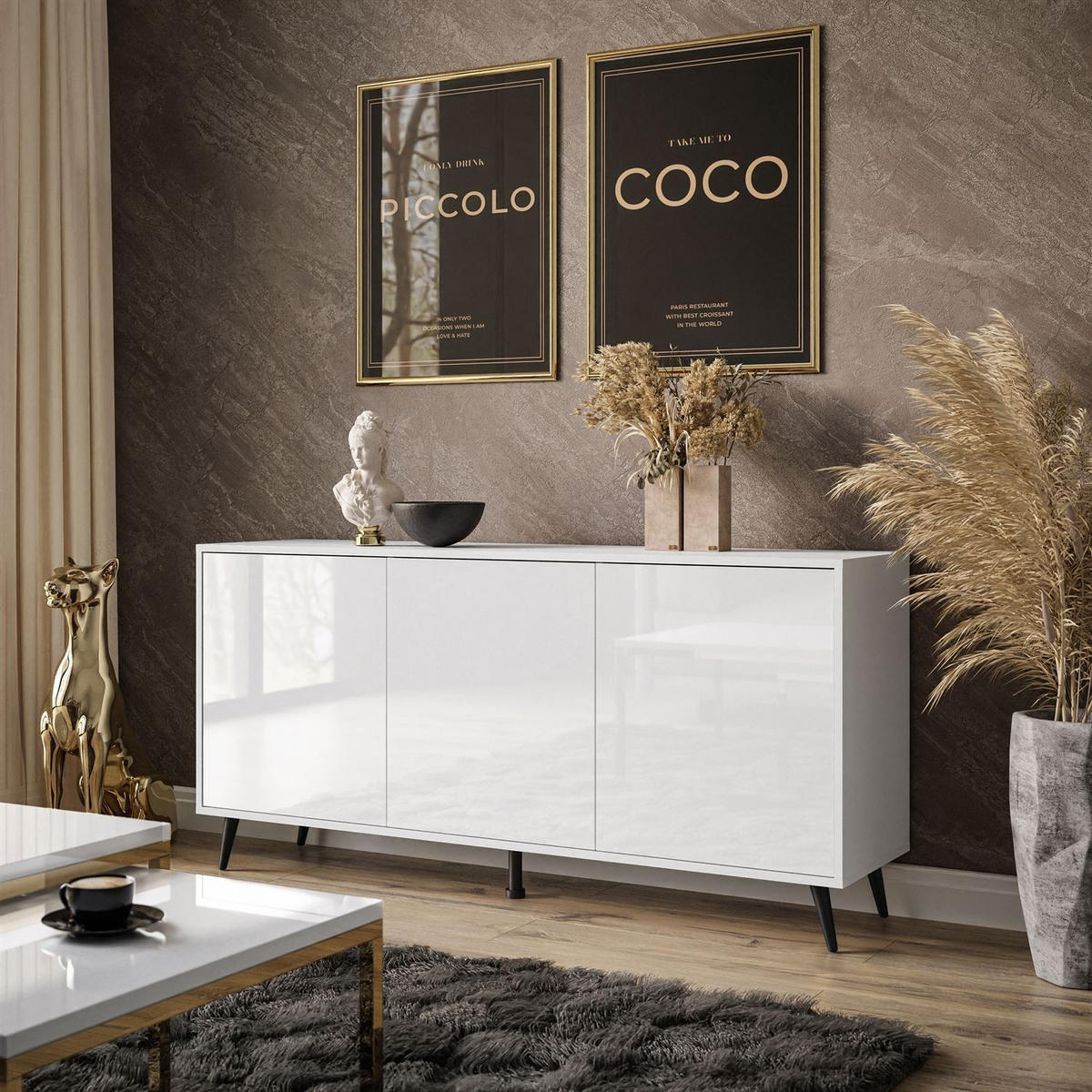 SIDEBOARDS SANAYI auf schwarzen Beinen, Hochglanz Weiß/Schwarze Beine - Schwarz/Weiß, Holzwerkstoff (154/73/40cm) - Lookway