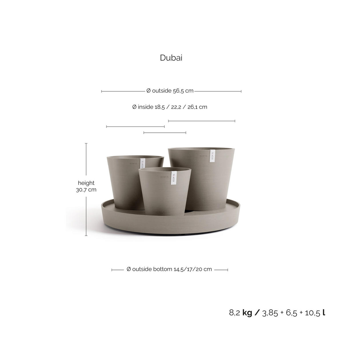 BLUMENTOPF Dubai 56,5/30,7 cm Taupe - Taupe, Kunststoff (56.5/30.7cm) - Ecopots