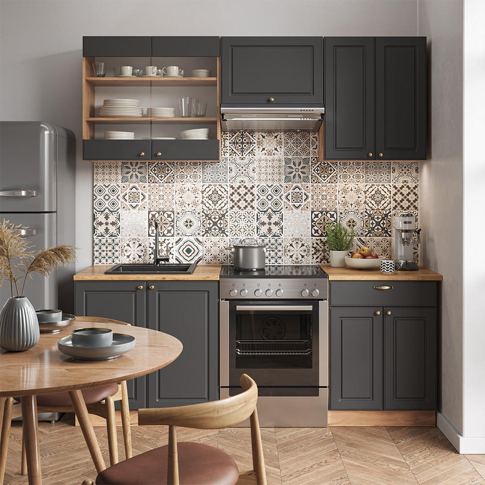KÜCHENZEILE Fame-Line Anthrazit Landhaus/Goldkraft Eiche 200 cm AP Anthrazit - Honigeiche/Anthrazit, Holzwerkstoff (200/81.6/60cm) - Vicco