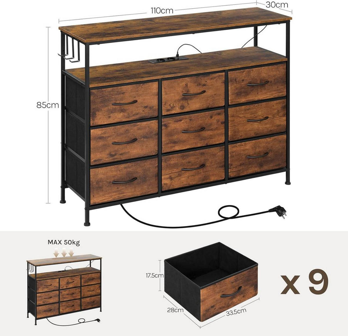 KOMMODE mit 9 Schubladen, LED, Steckdosen, Rustikales Braun - Dunkelbraun/Schwarz, Holzwerkstoff/Textil (110/85/30cm) - Woltu