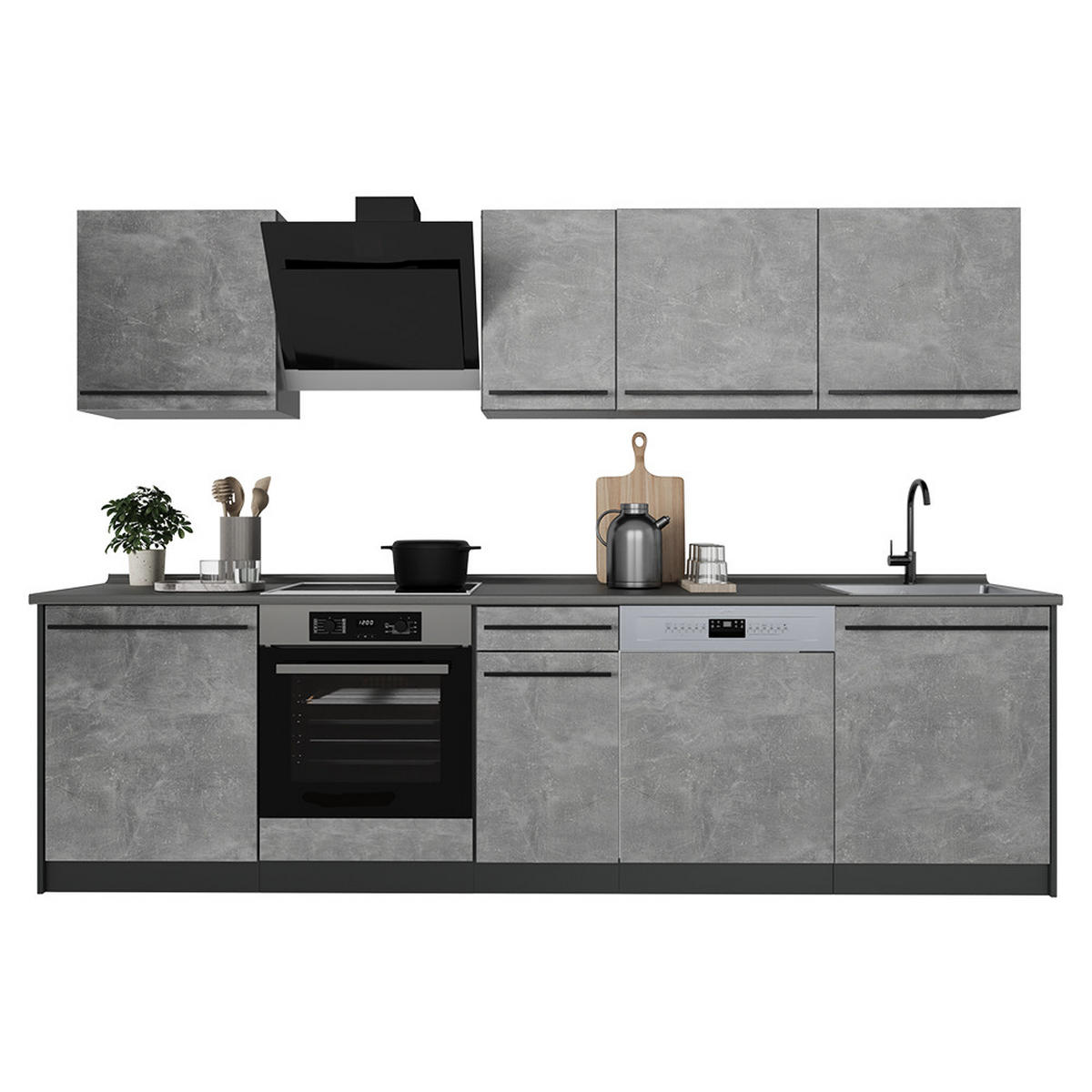 KÜCHENZEILE R-Line, Beton/Anthrazit, 280 cm Arbeitsplatte Anthrazit - Anthrazit/Grau, Holzwerkstoff (280/206.8/60cm) - Vicco