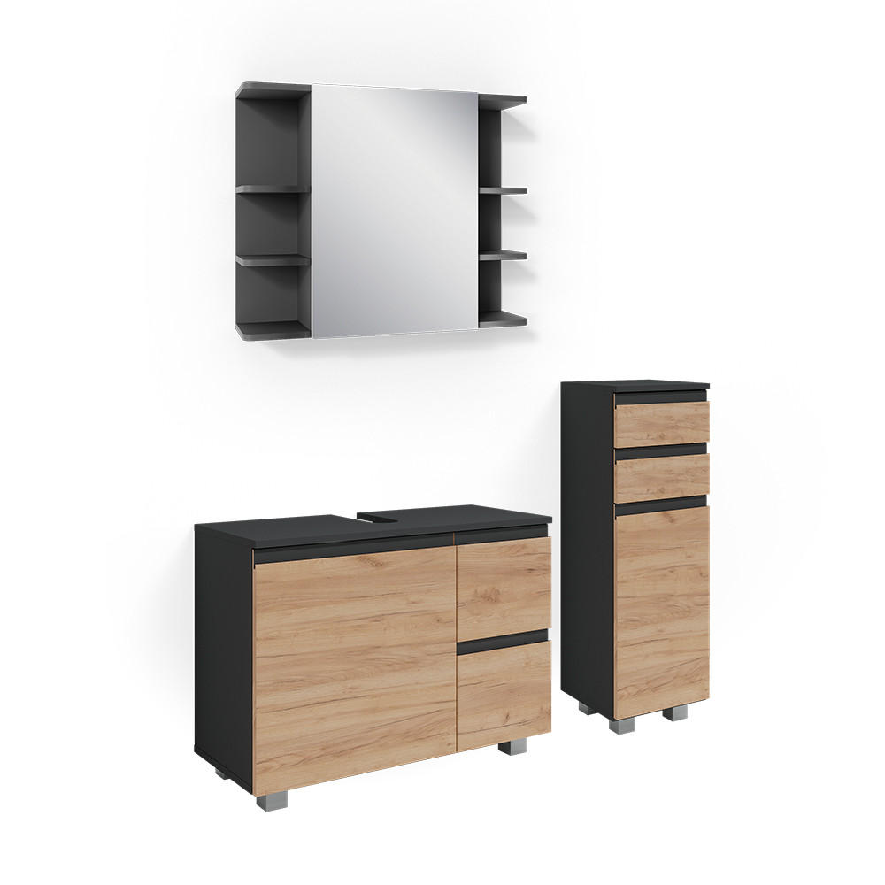 BADMÖBEL-SET J-Shape Grau 3 Teile - Eichefarben/Grau, Holzwerkstoff (80/60/33cm) - Vicco