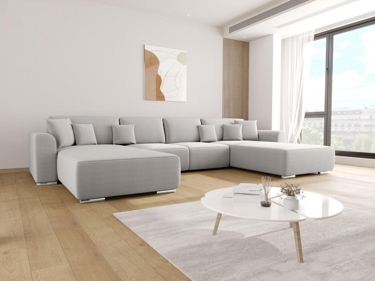 WOHNLANDSCHAFT GUSTO U Como19 mit Schlaffunktion - Hellgrau, Textil (368/85/193cm) - Bedante