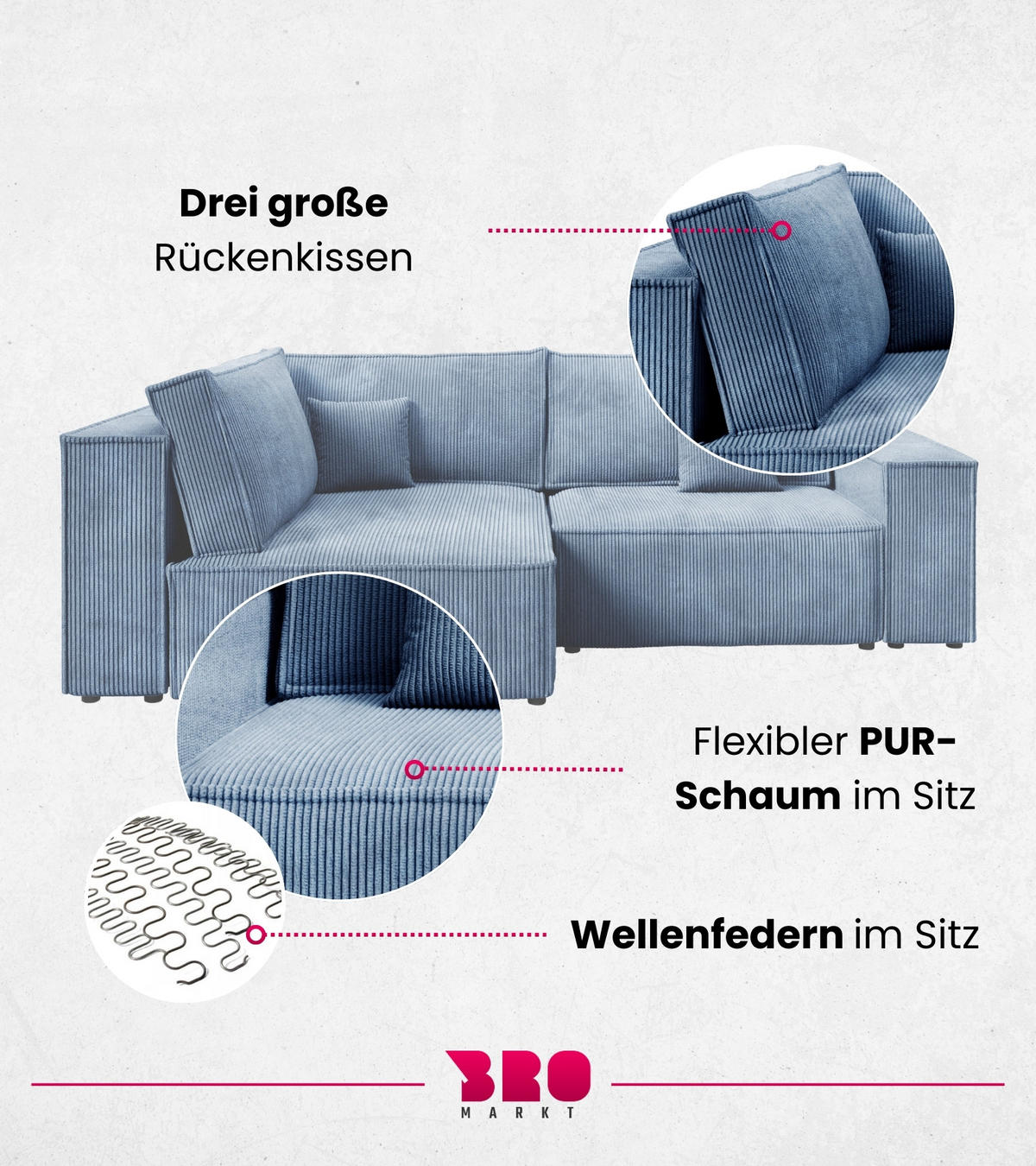 ECKSOFA Pedro Duo mit Schlaffunktion Himmelblau Cord - Blau, Textil (246/153cm) - Bromarkt