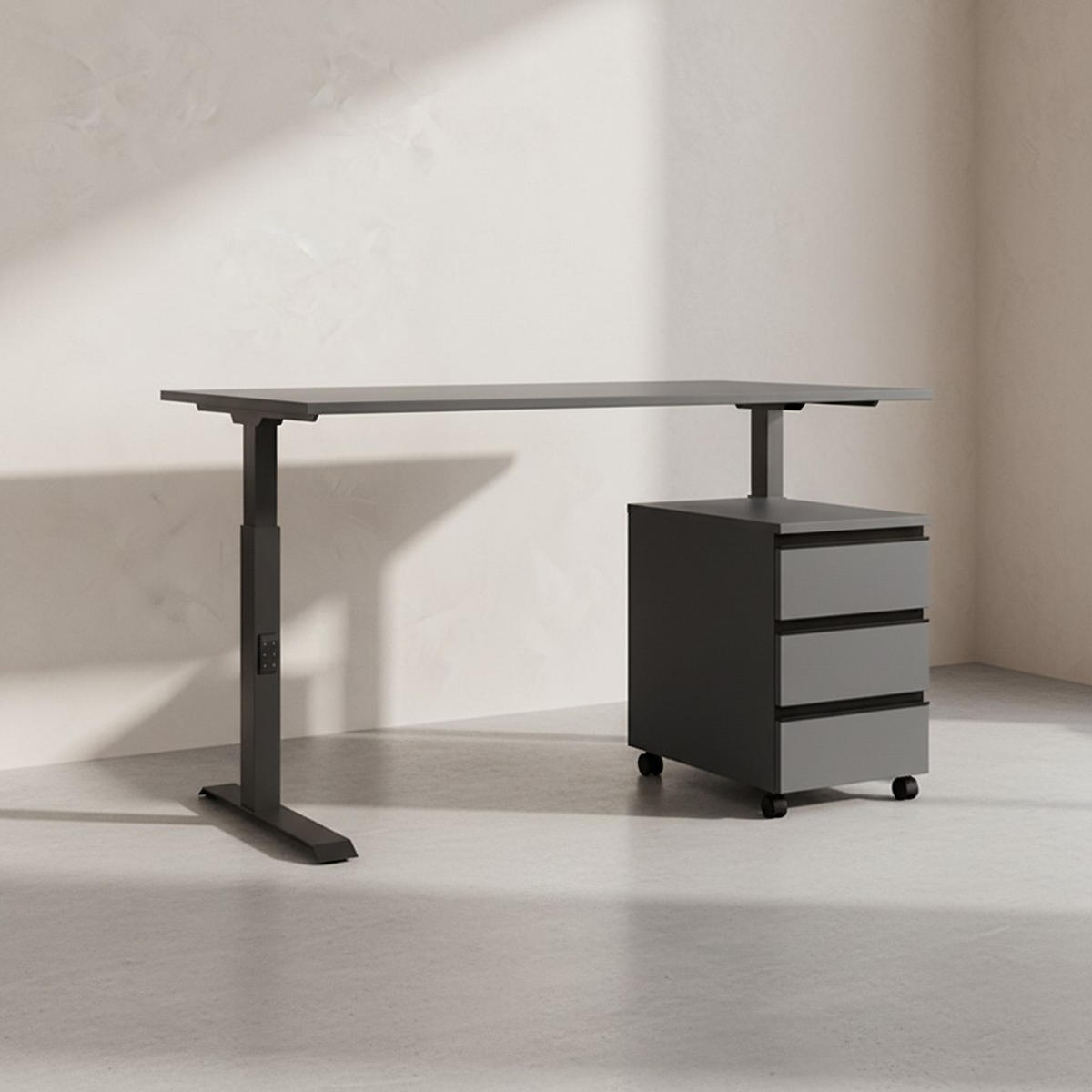 BÜROMÖBEL Set 2-teilig | Schreibtisch 180x80cm & Rollcontainer Graphit | Einstellbar 68-91 cm & Soft-Close - Schwarz, Holzwerkstoff/Metall (80/235/91cm) - KADIMA DESIGN