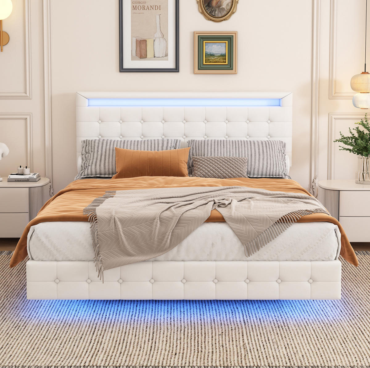 POLSTERBETT aus PU und MDF 140x200 cm Weiß mit LED-Beleuchtung, 3-fach verstellbarem Kopfteil und schwebender Optik - Weiß, Leder (140/200cm) - Modfu