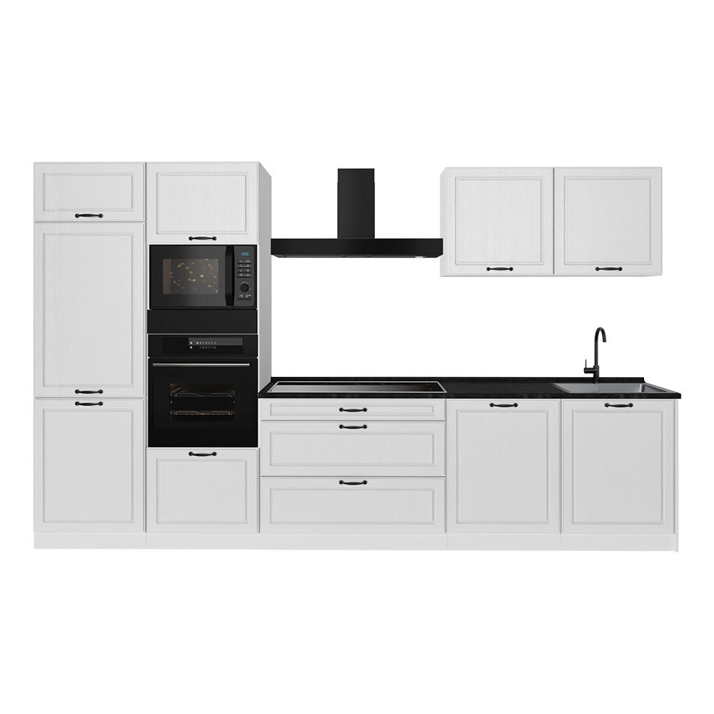 KÜCHENZEILE R-Line, Weiß Landhaus/Weiß, 340 cm Arbeitsplatte Anthrazit - Weiß, Holzwerkstoff (340/206.8/60cm) - Vicco