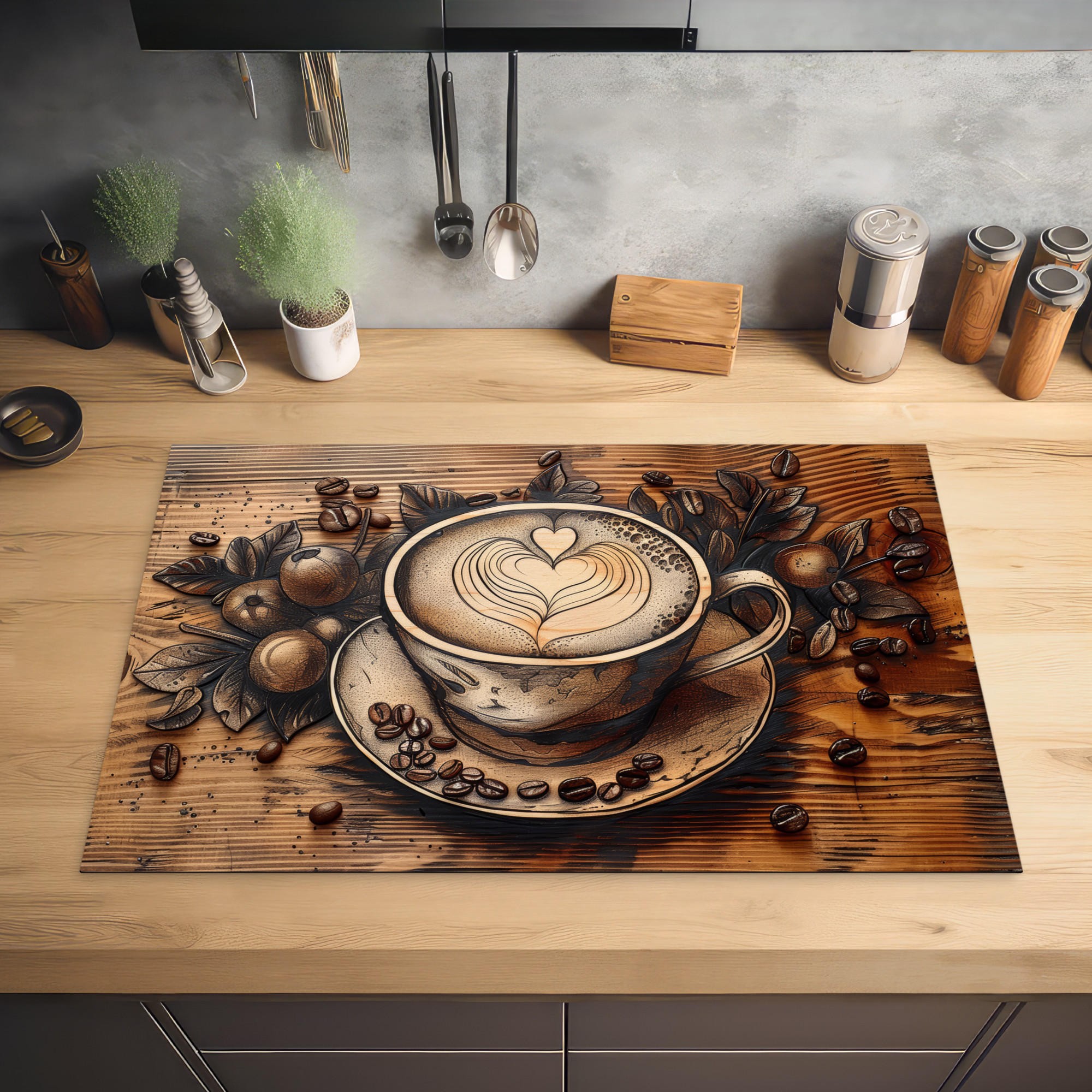 HERDABDECKPLATTE Kaffee - Vintage - Braun - Tasse - Holz 81x52 cm - Cappuccino, Kunststoff (81.6/0.2/52.7cm) - MuchoWow