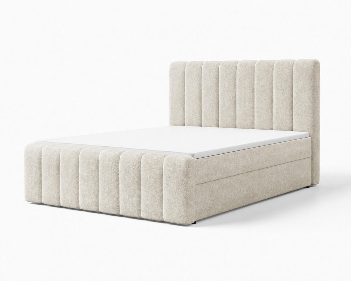 BOXBETT 01 BIS 160 x 200 cm - Vibe - Modernes Polsterbett mit Bettkasten inkl. PU-Schaum-Topper und Federmechanismus - Beige, Holz (160/200cm) - ROYAL24_MARKT