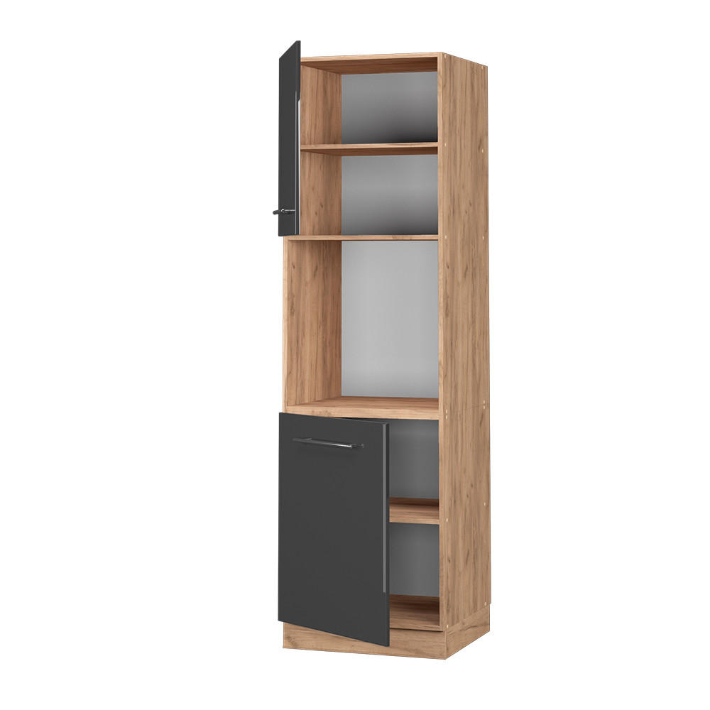 HERDUMBAUSCHRANK Fame-Line Anthrazit Hochglanz 60 cm offen - Schwarz Hochglanz/Eichefarben, Holzwerkstoff (60/206.8/58cm) - Vicco