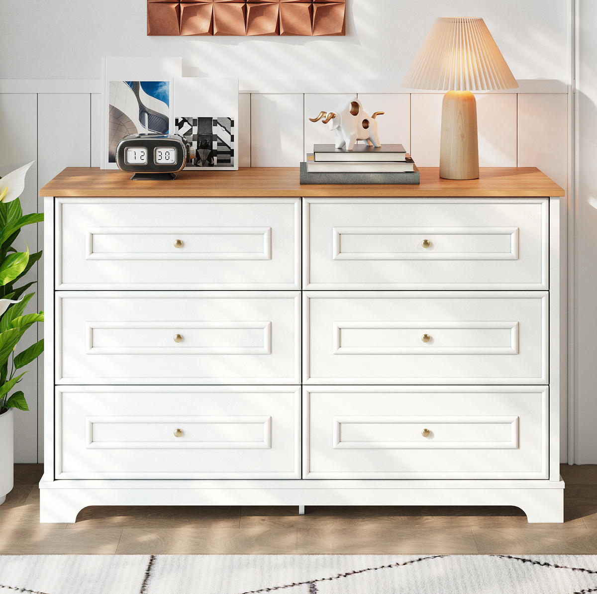 SIDEBOARD 120/40/76 cm in Weiß/Natur mit 6 Schubladen im Landhausstil - Weiß, Holzwerkstoff (120/76/40cm) - Flora Grace