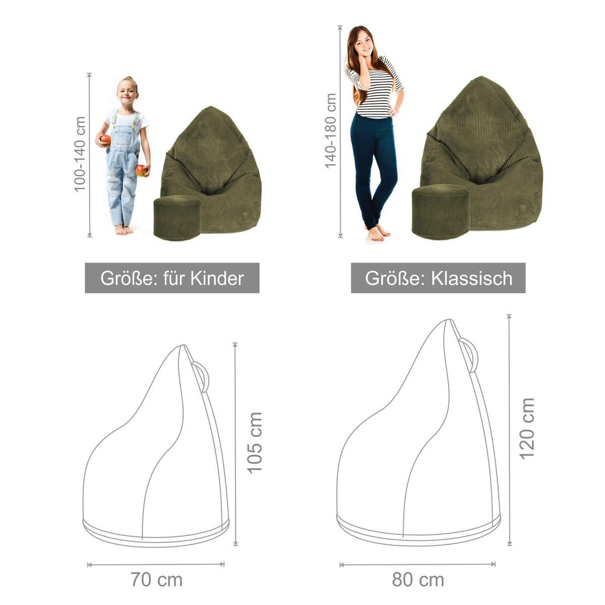 SITZSACK MIT FUßSTÜTZE Kordsamt 2-tlg Dark Olive M - Dunkelgrün/Olivgrün, Textil (80/120/80cm) - Dreamroots