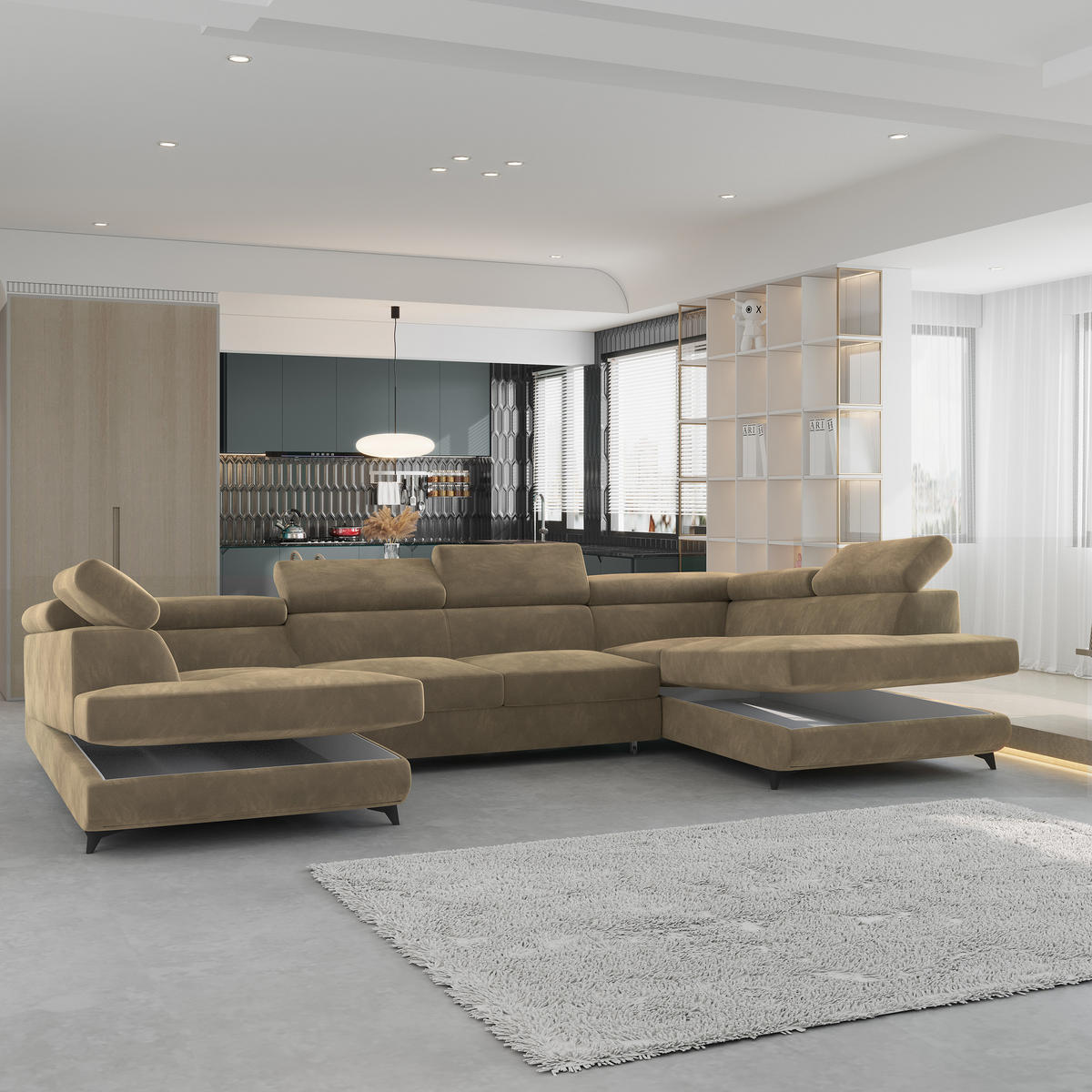 WOHNLANDSCHAFT VINTESSA Beige Velours-Stoff mit Schlaffunktion - Beige, Holz (323/89/190cm) - MASSENO