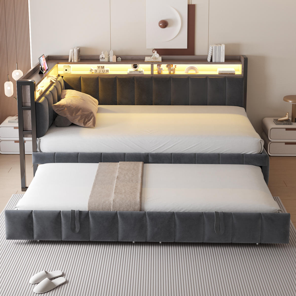 POLSTERBETT 90x200 Dunkelgrau Samt LED USB - Grau, Textil (90/200cm) - FLIEKS