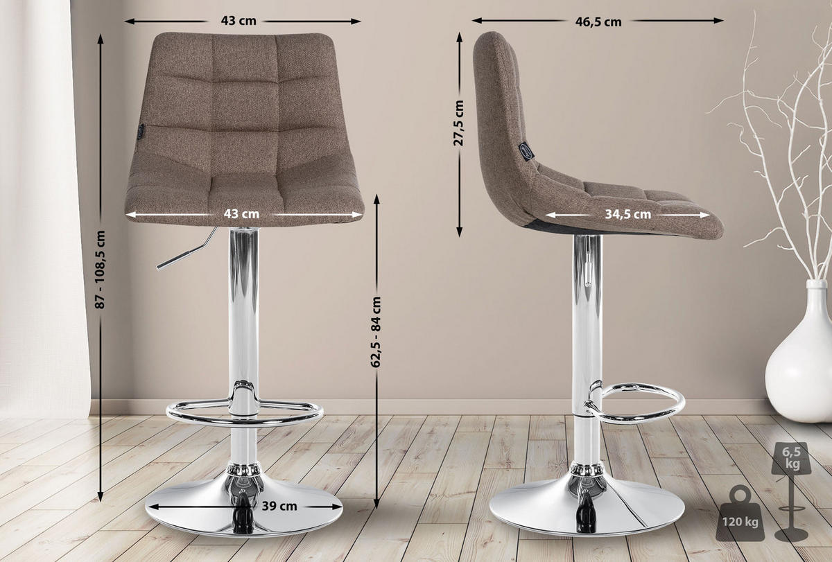 BARHOCKER 2er Set James Stoff chrom taupe - Chromfarben/Grau, Textil/Metall (43/108.5/46.5cm) - TPFLiving