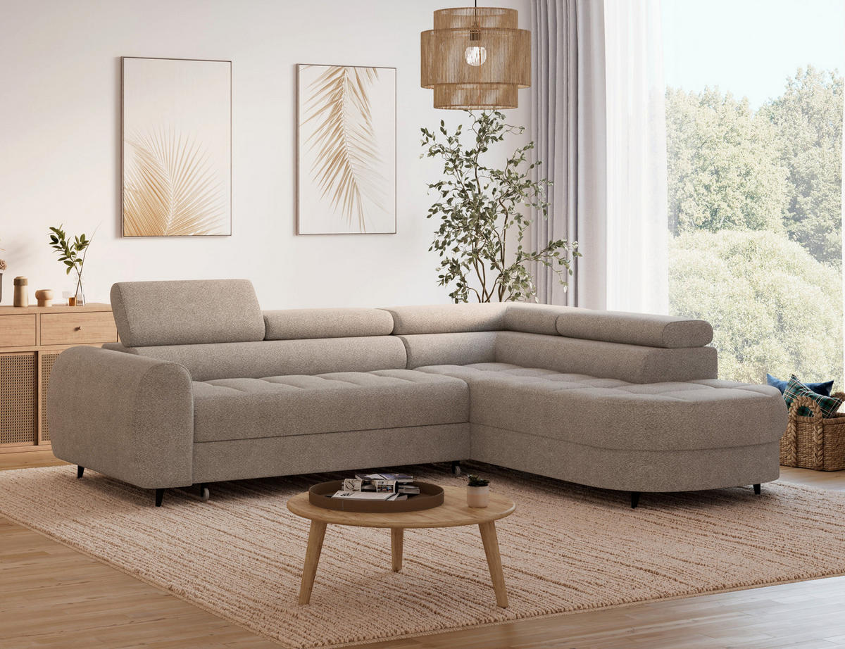 ECKSOFA Vesteria mit Schlaffunktion und Bettkasten – Modernes Design, verstellbare Kopfstützen und hoher Sitzkomfort - Beige, Kunststoff (279/72cm) - Wohnideebilder