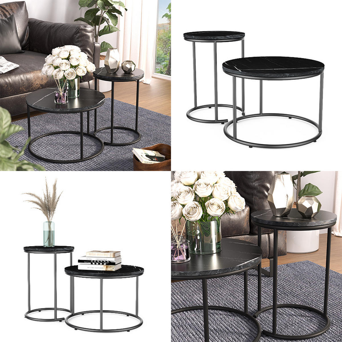 COUCHTISCH-SET Ottawa Schwarzer Marmor 55 x 55 cm 2 Teile - Schwarz Hochglanz, Holzwerkstoff (55/55/34.5cm) - Vicco