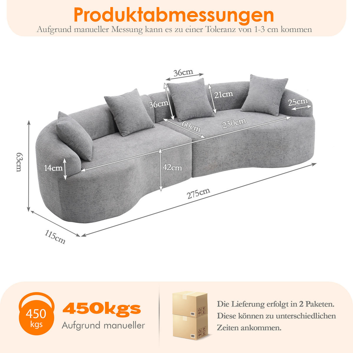 ECKSOFA 275/115/63 cm Grau Chenille - Grau, Textil (275/115cm) - Oxeza