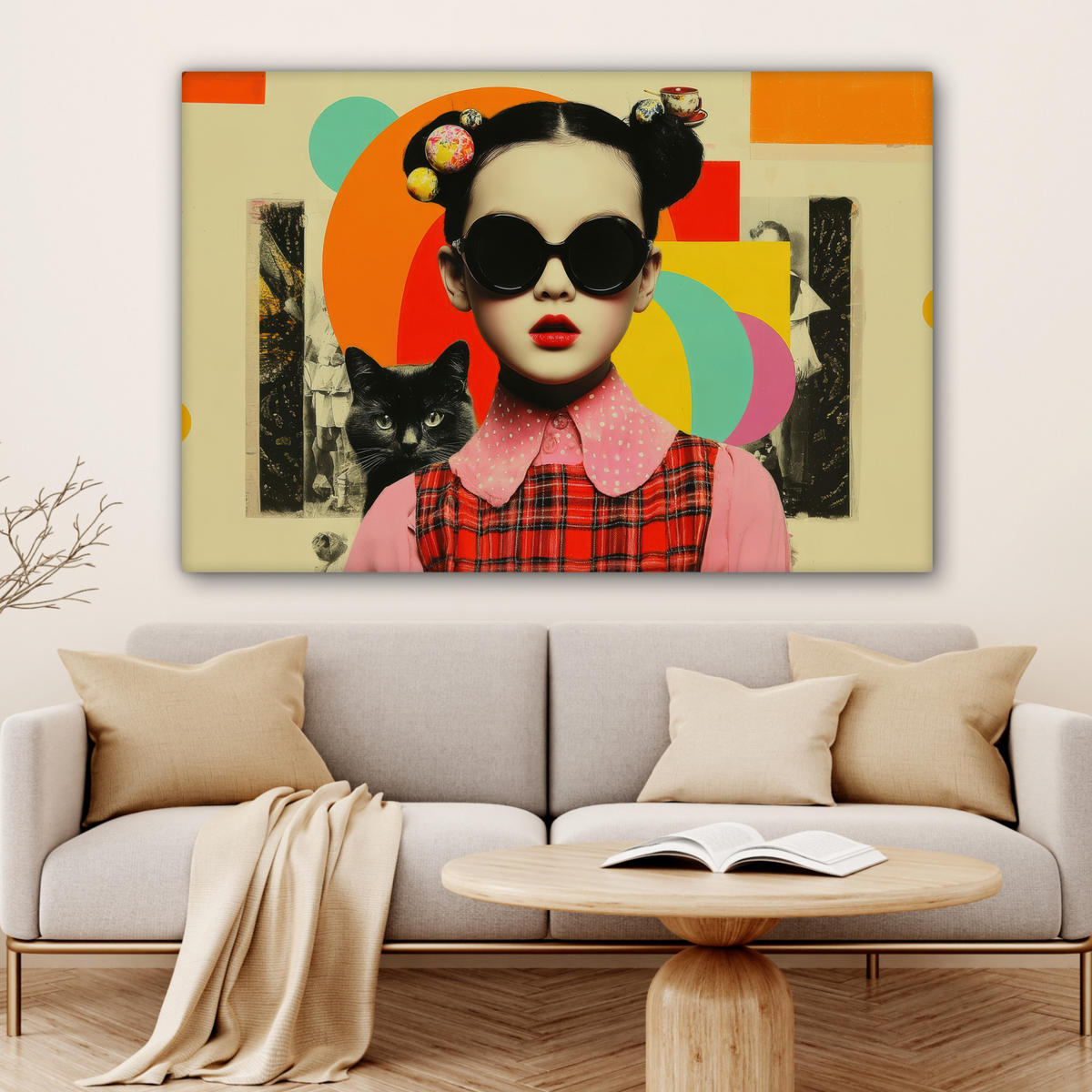 LEINWANDBILD Mädchen - Sonnenbrille - Katze - Retro Wohnzimmer Groß 120x80 cm - Beige, Textil (120/80cm) - MuchoWow