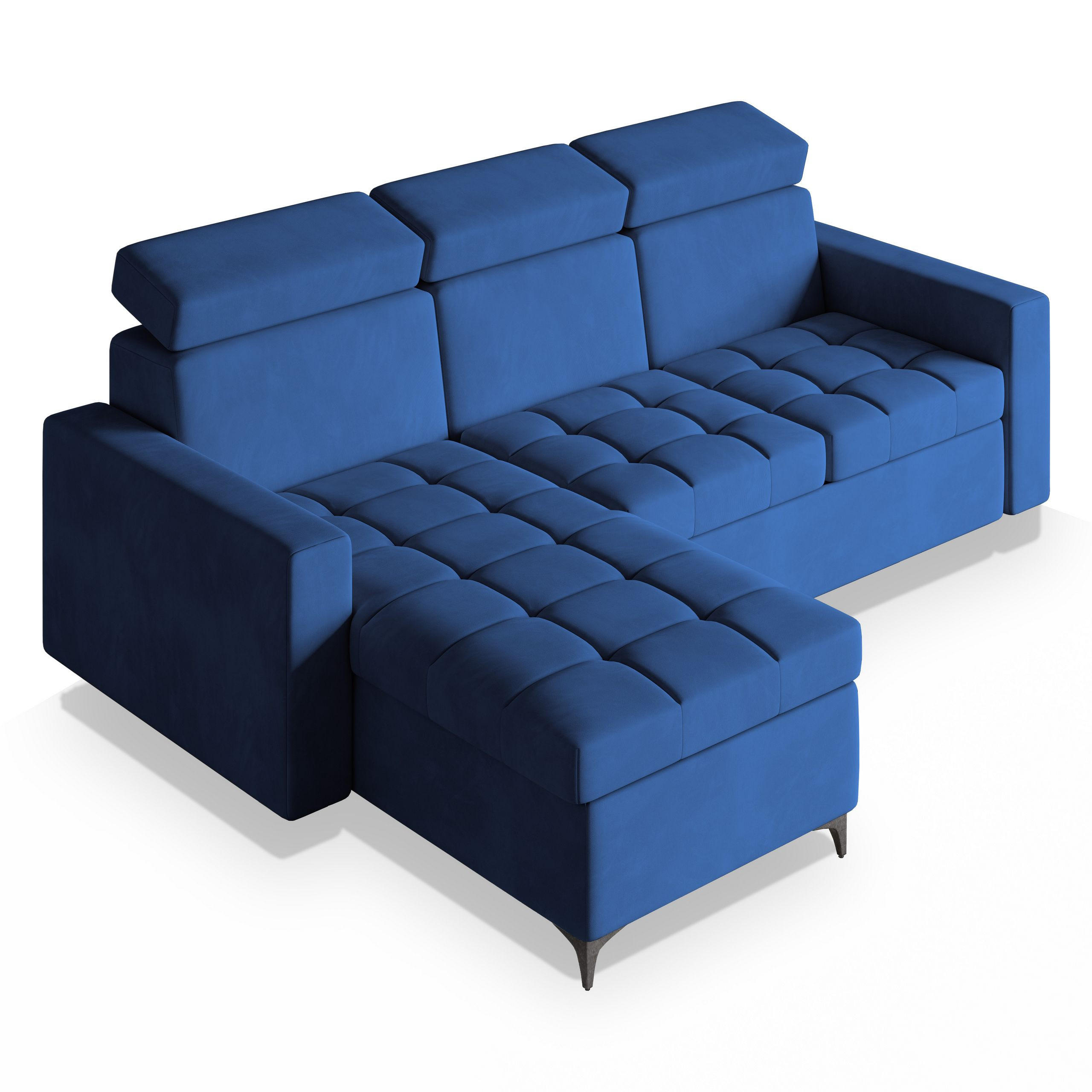 ECKSOFA KAME Blau Plüsch-Stoff mit Schlaffunktion - Blau, Holz (227/168cm) - MASSENO