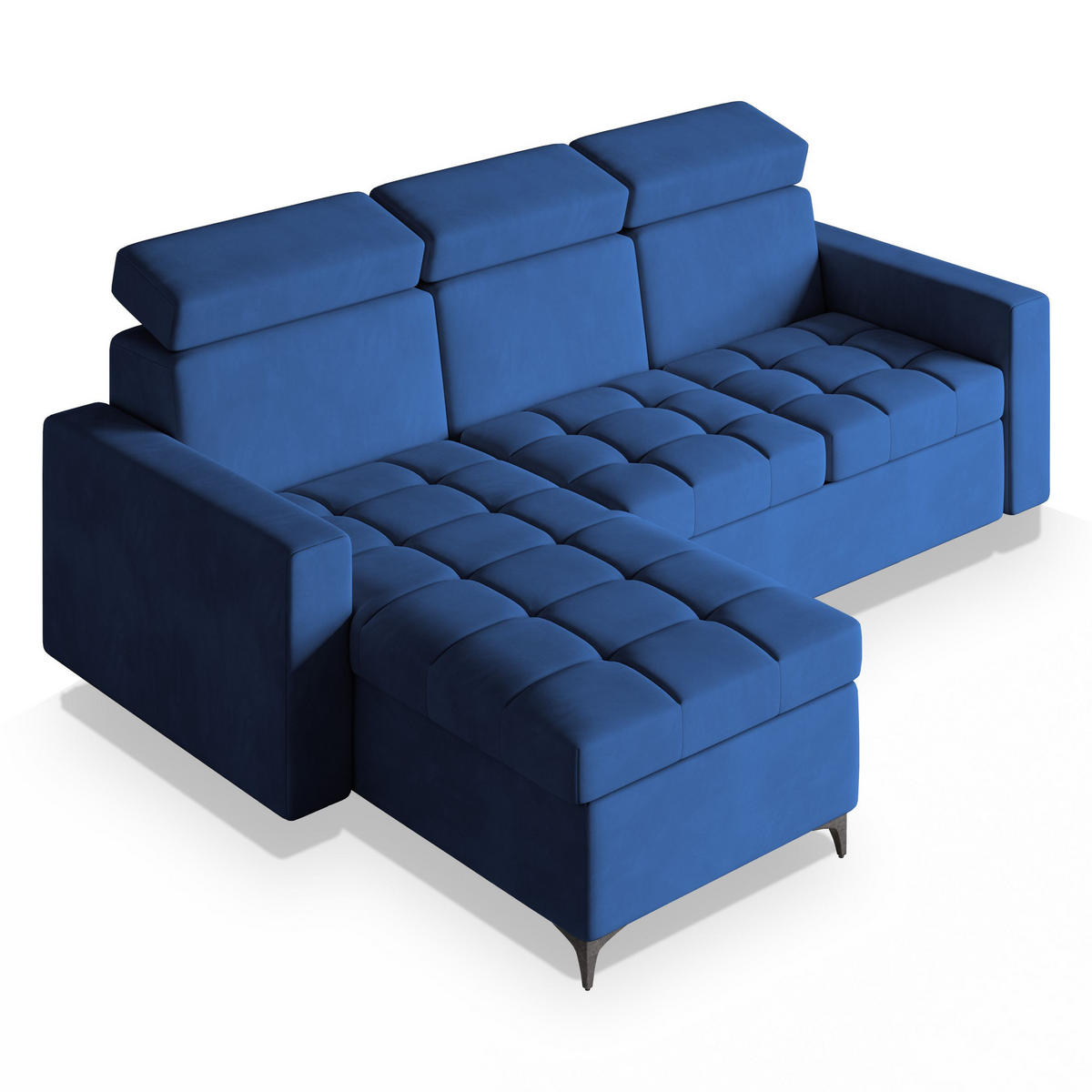 ECKSOFA KAME Blau Plüsch-Stoff mit Schlaffunktion - Blau, Holz (227/168cm) - MASSENO