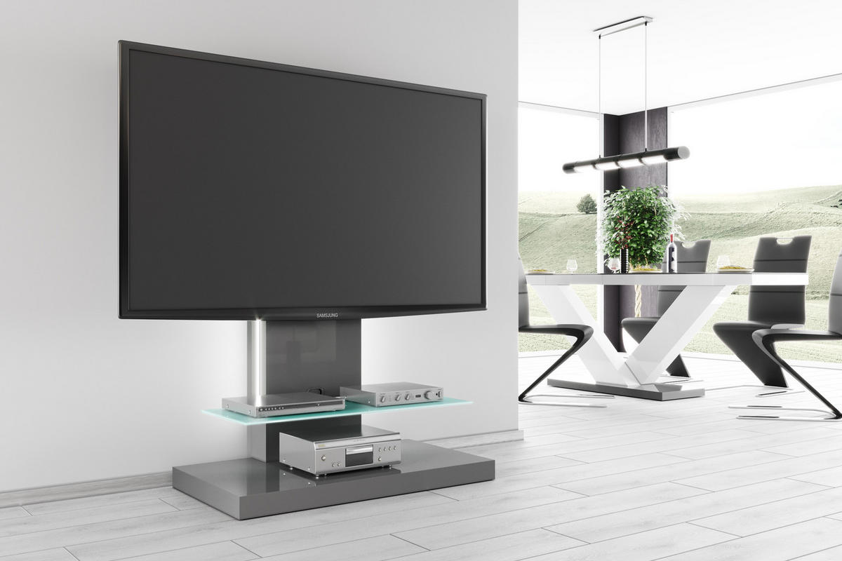 TV RACK rechteckig Grau Hochglanz Glas 100/134/55 cm - Grau, Holzwerkstoff (100/134/55cm)