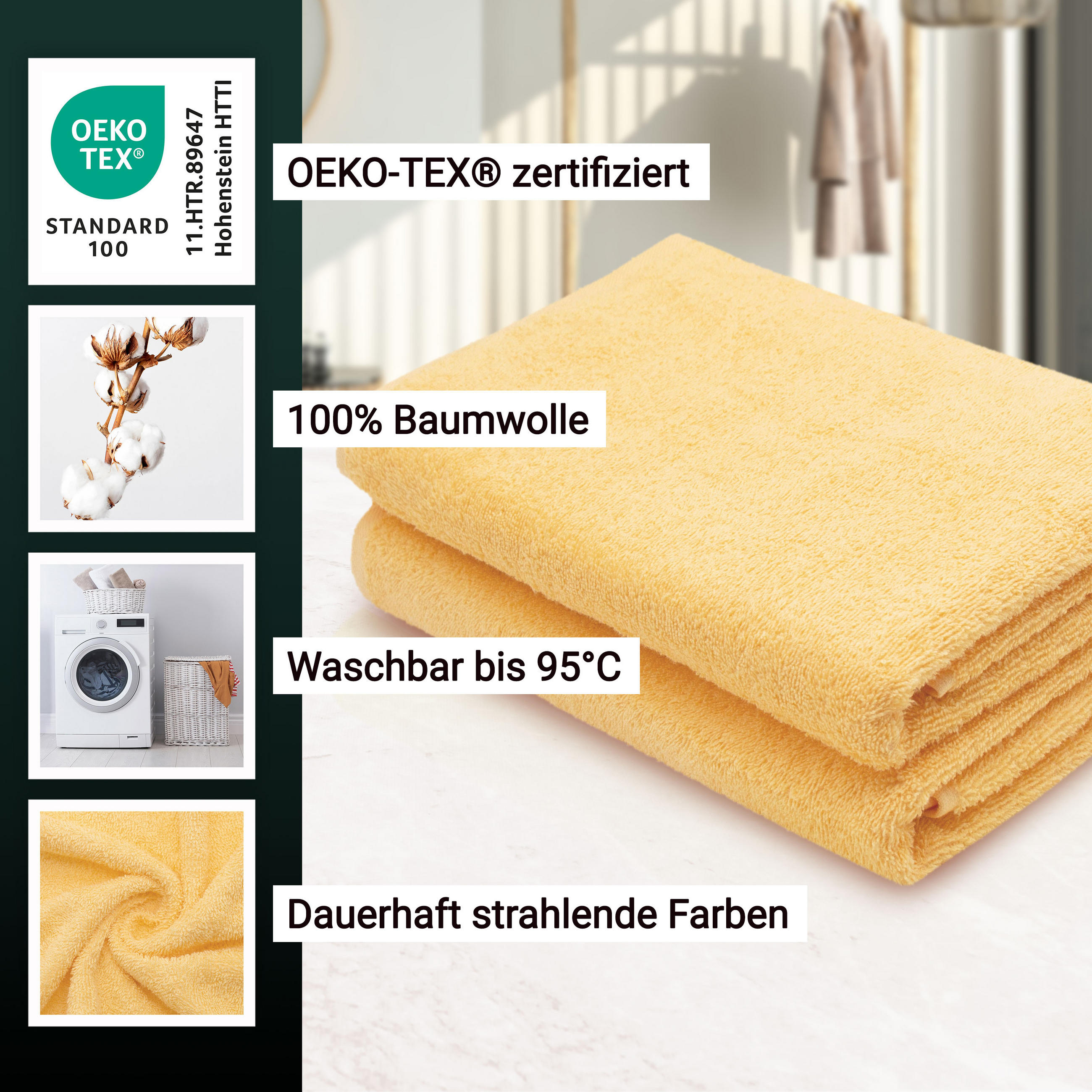 DUSCHTÜCHER, 2er-Set, 70x140 cm, 100% Baumwolle, Gelb - Gelb, Textil (70/140cm) - Zollner