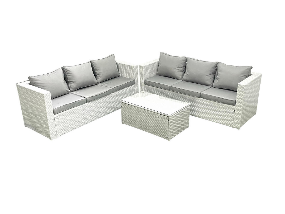 GARTENGARNITUR mit 3-SITZER SOFA,COUCHTISCH Polyrattan Hellgrau-Mix 6-Sitzer - Hellgrau/Grau, Glas/Kunststoff - Fimous