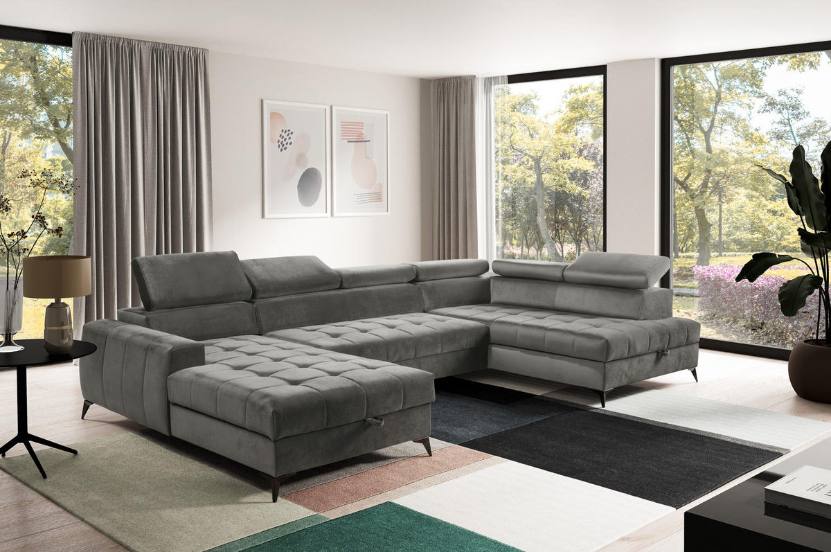 WOHNLANDSCHAFT Arkucio U Grau 345/200/95 cm – großes Sofa mit Schlaffunktion L - Schwarz/Grau, Textil/Metall (200/95/345cm) - AX Living