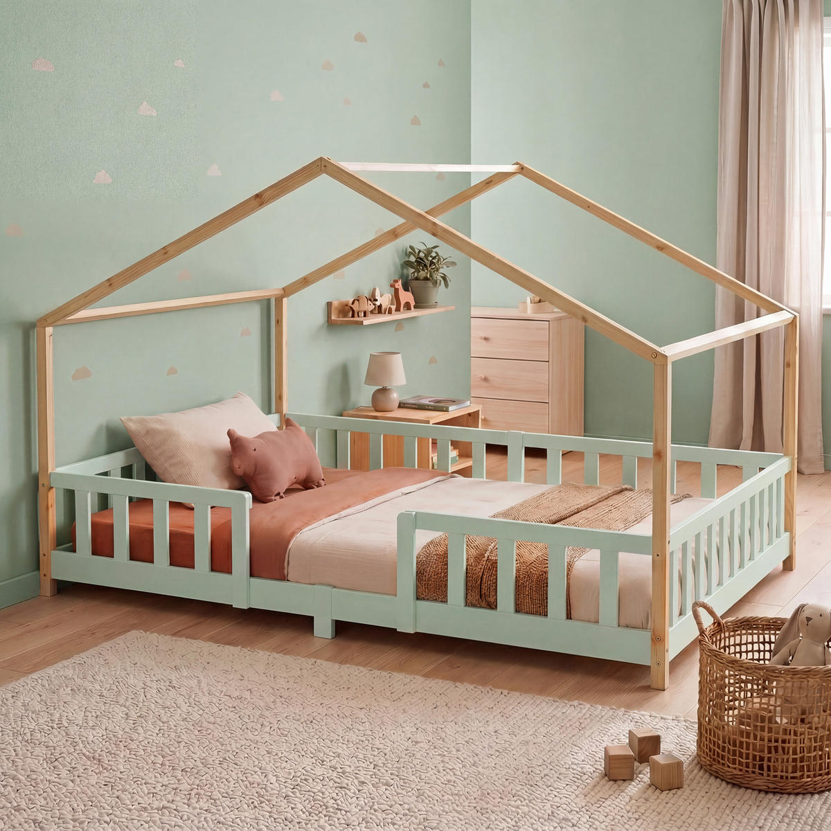 HAUSBETT Treviolo - Naturfarben/Mintgrün, Holz (140/200cm) - [en.casa]
