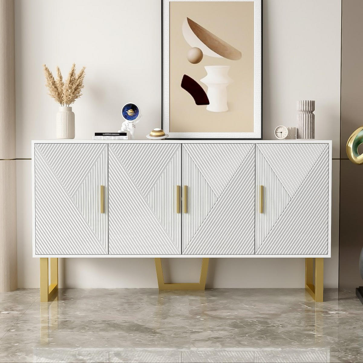 SIDEBOARD in Weiß mit 4-Türen-Design，hochglänzenden strukturierten - Weiß, Holz (40/82/150cm) - KOMHTOM