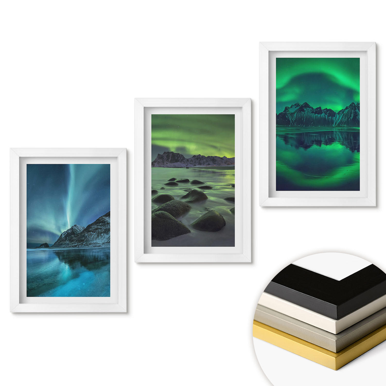 WANDBILDER 3er-Set - 20x30 cm Weißer Rahmen - Winterlandschaft der Aurora borealis - Weiß, Kunststoff (20/30cm) - ArtPrintCave