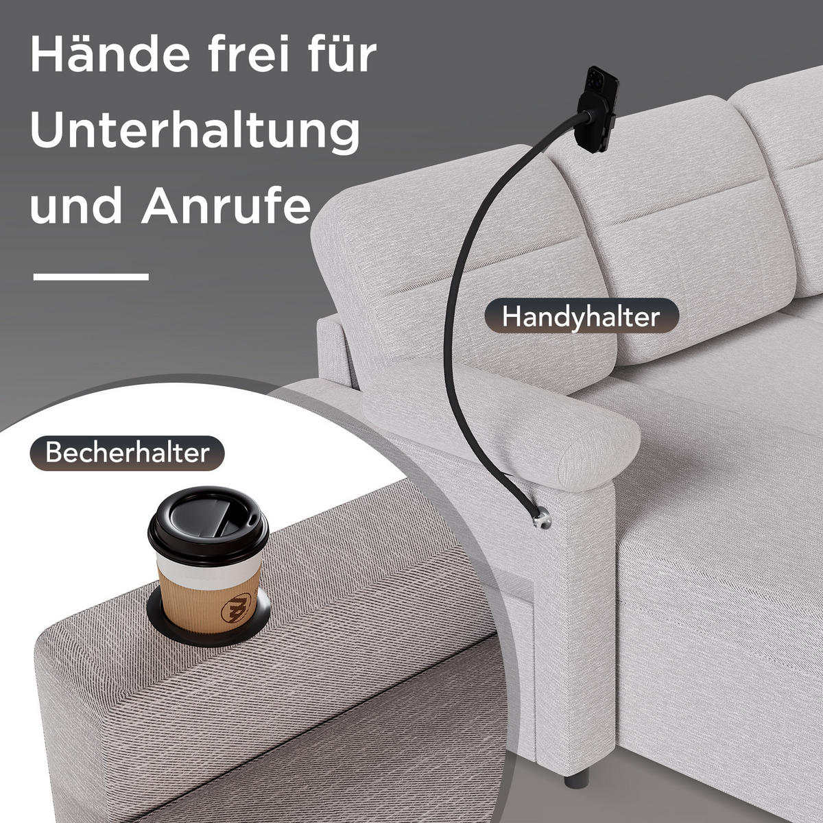 ECKSOFA mit Schlaffunktion, Stauraum und Getränke-Handyhalter, beidseitig montierbar, Leinenstoff - Hellgrau, Metall (143/90/203cm)