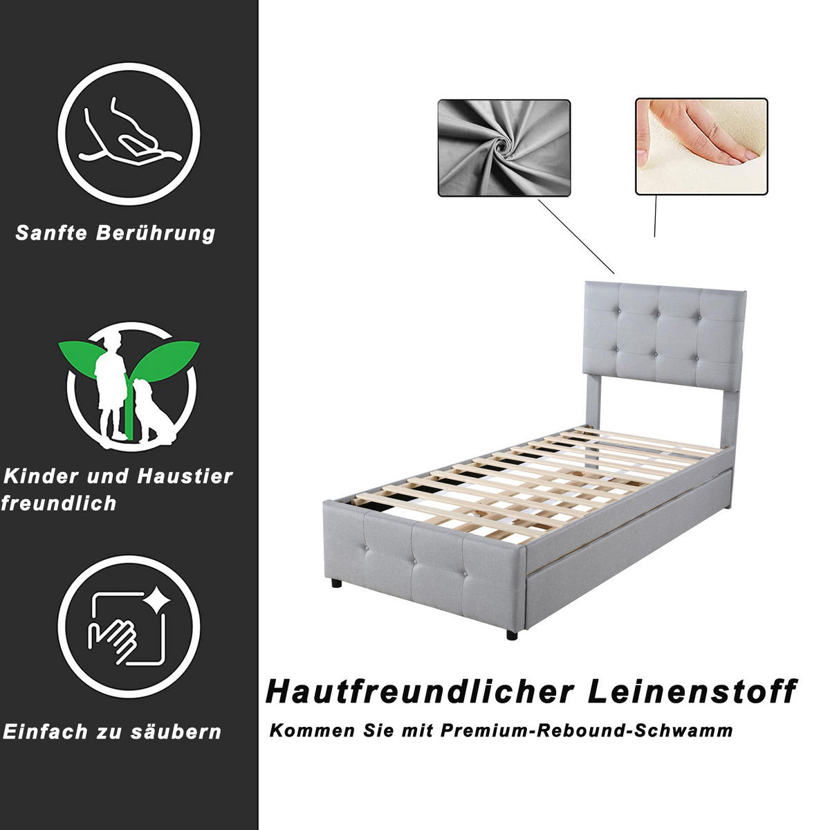 POLSTERBETT 90/200 cm Grau aus MDF, Metall und Leinenstoff mit ausziehbarem Bett - Grau, Textil (90/200cm) - OKMYHOME