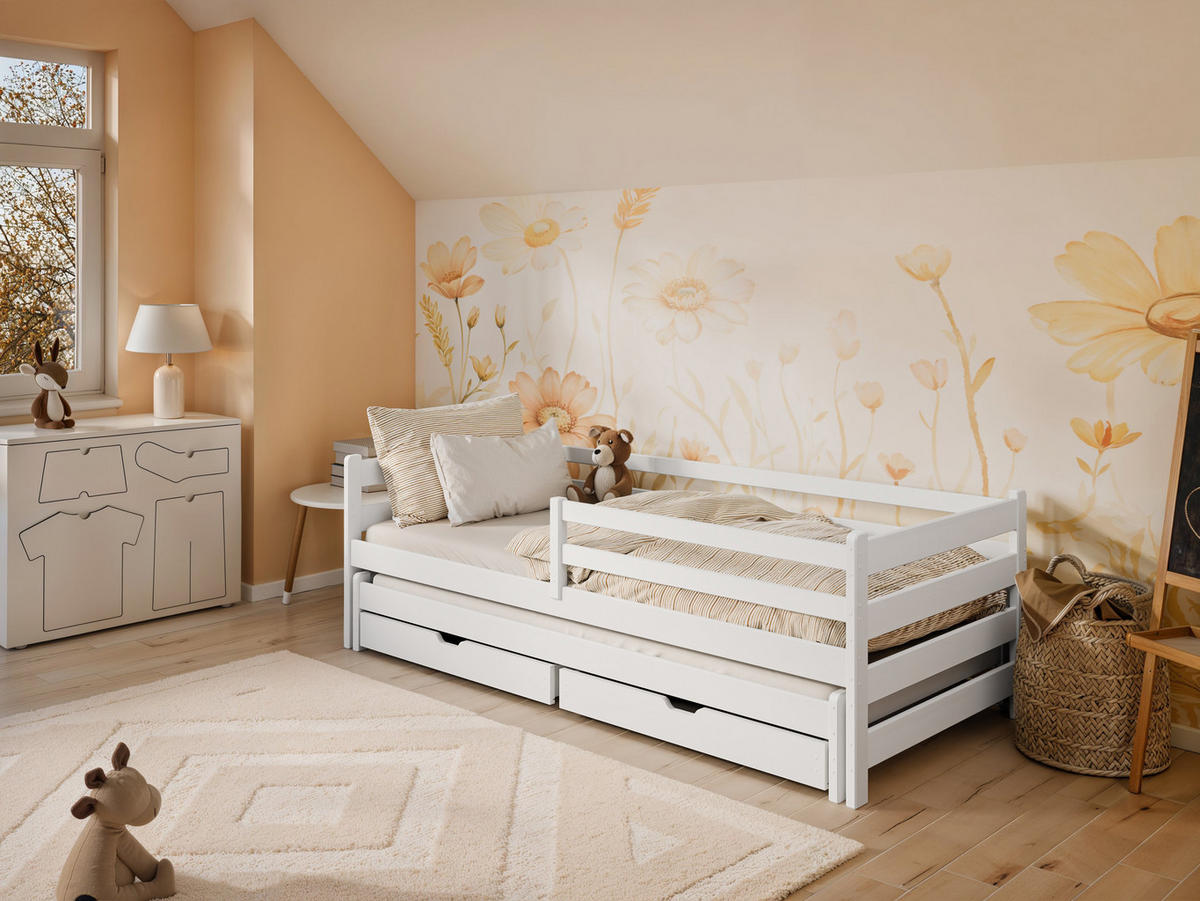 KINDERBETT 90x200 cm mit Ausziehbett, 2x Schubladen und 2x Matratze weiß - Weiß, Holz (90/200cm) - Kids Collective