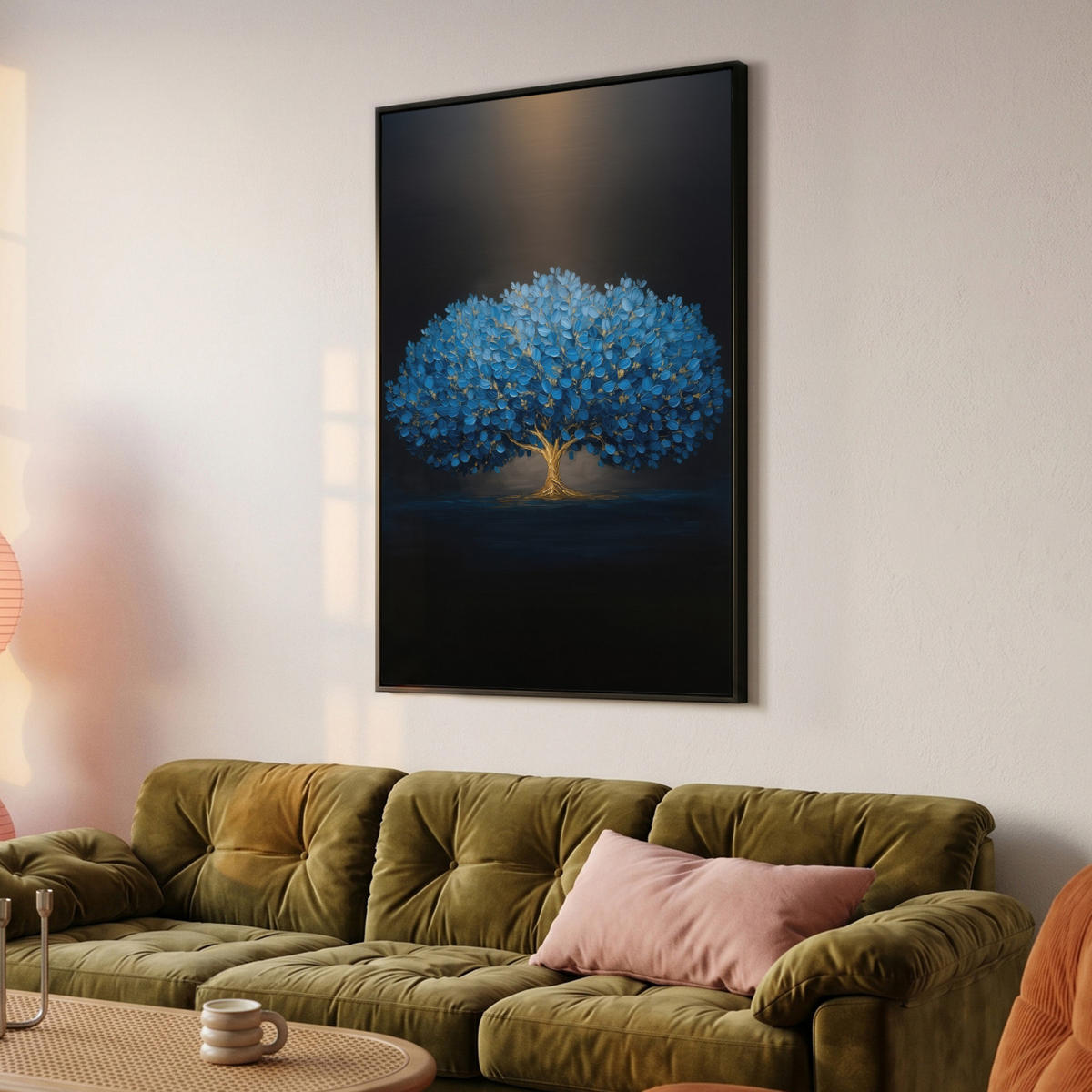 LEINWAND Bilder mit Rahmen - Baum - Blau - Blätter - Pinselstriche - 80x120 - Blau, Textil (80/120cm) - MuchoWow