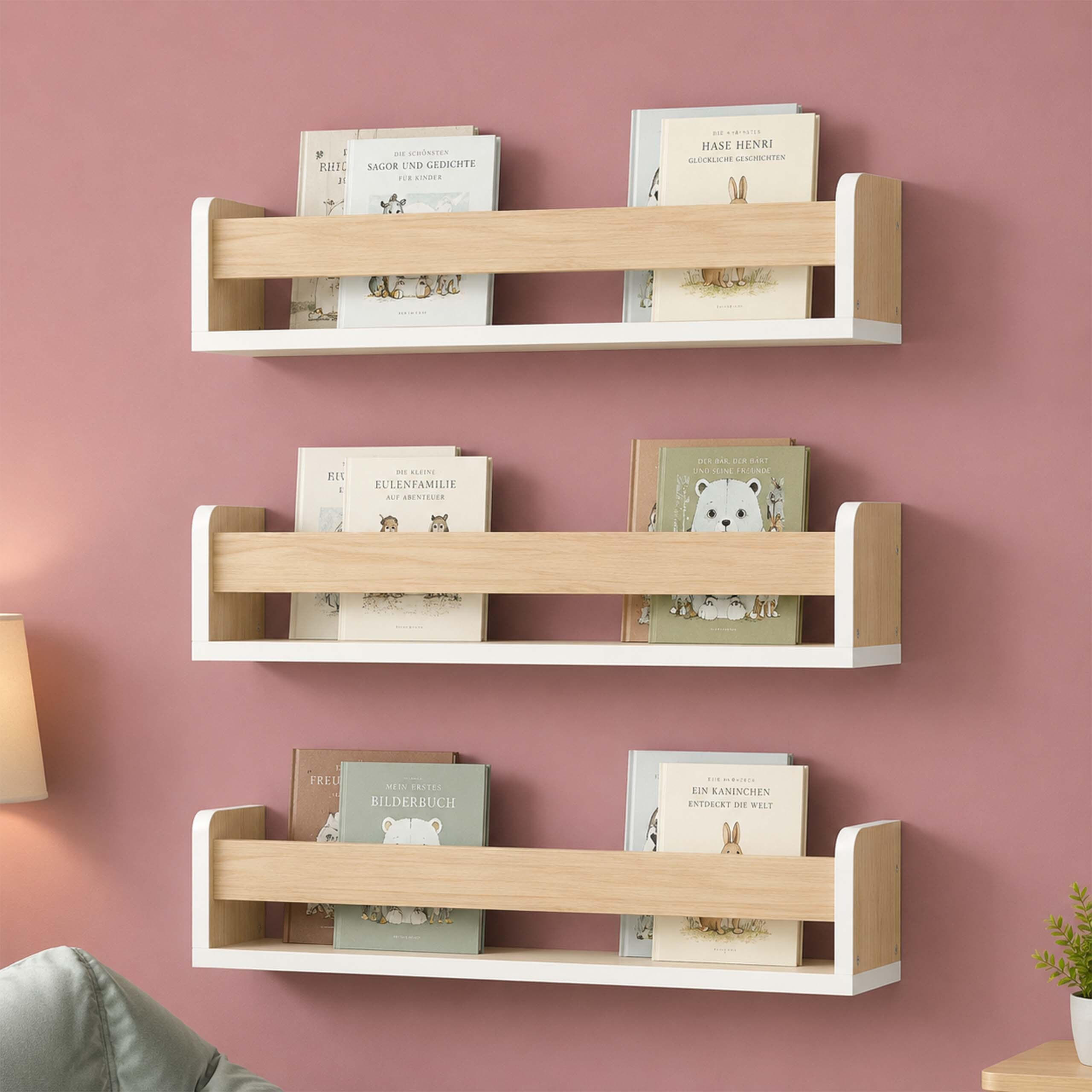 KINDERREGAL Natur 3er-Set MDF zur Wandmontage - Hellbraun, Holzwerkstoff (58/10/12cm) - Relaxdays