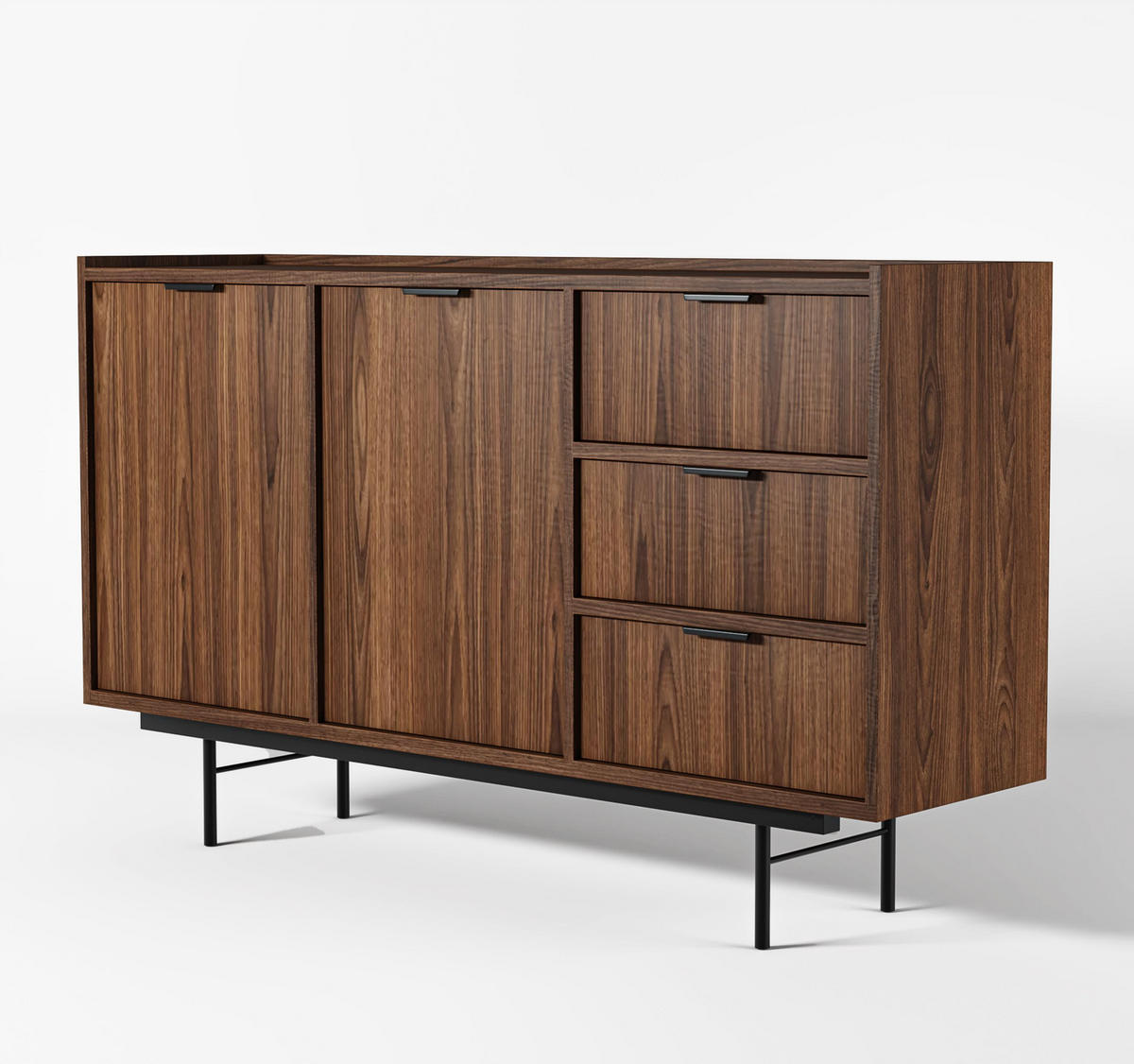 SIDEBOARD Nordiva 2T 3S Warmia Walnut 150/90/40 cm – Metallgestell - Walnussfarben/Schwarz, Holzwerkstoff/Metall (150/91/40cm) - AX Living