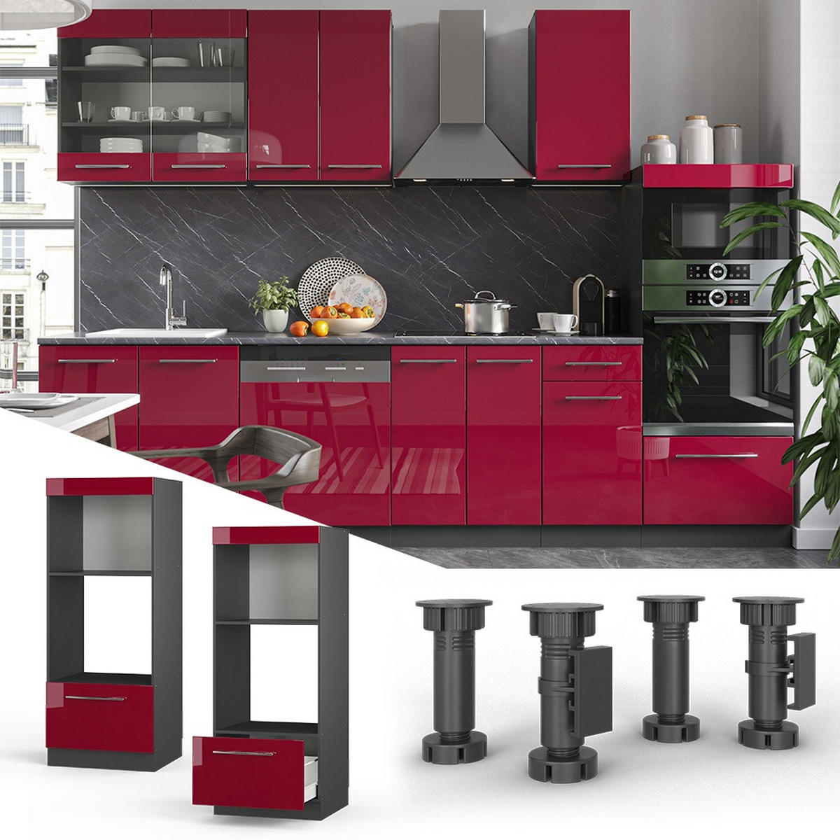 KUHINJSKA OMARICA ZA MIKROVALOVNO PEČICO Fame-Line Bordo rdeča barva visokega sijaja 60 cm odprta - bordo/antracit, leseni material (60/153.6/58.1cm) - Vicco